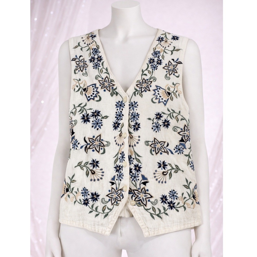 Paul Harris Design Floral Vest Womens Medium Embroidered Tie Back Boho Artsy